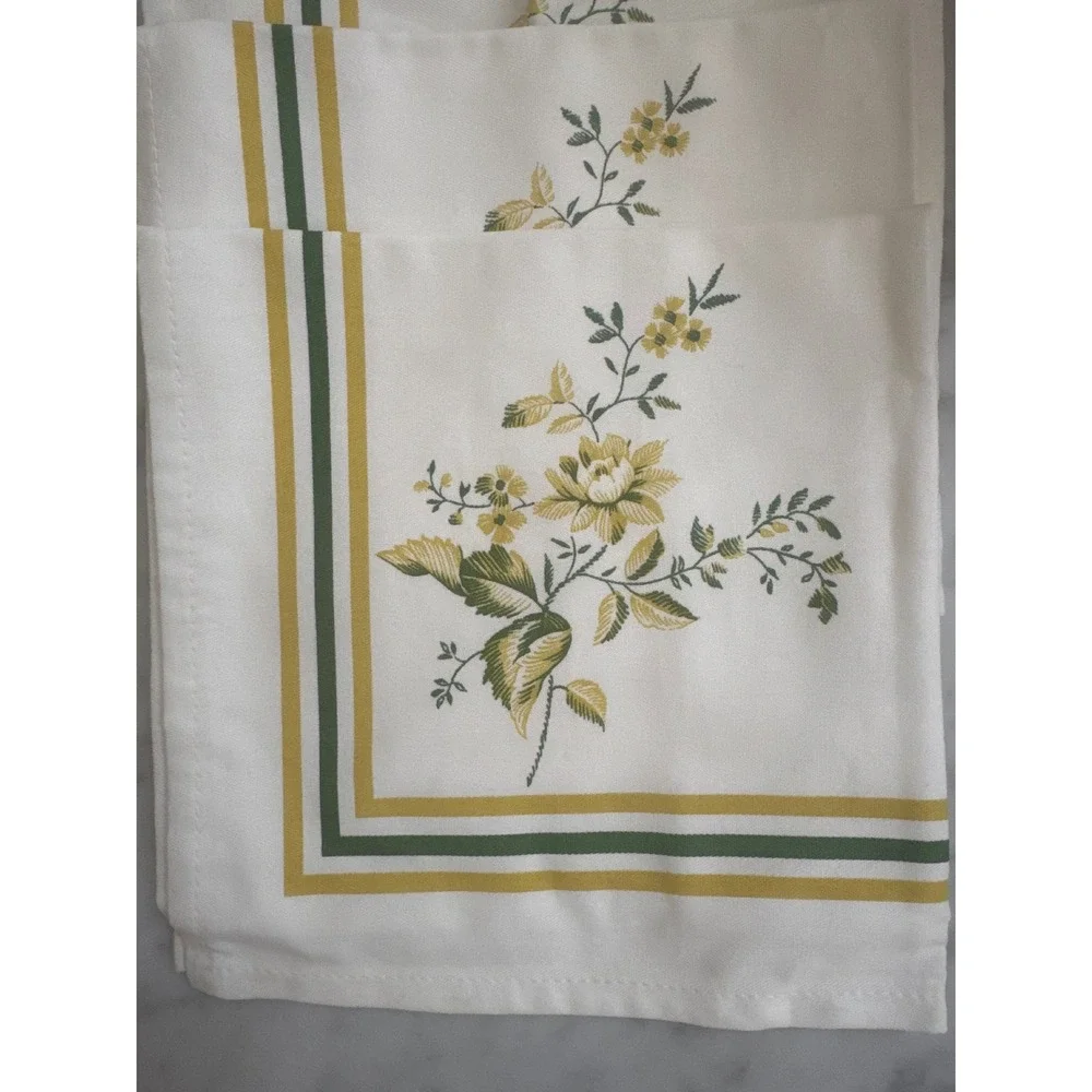 Vintage Set of 6 Floral Cloth Napkins White Yellow Green Striped Border 16x16